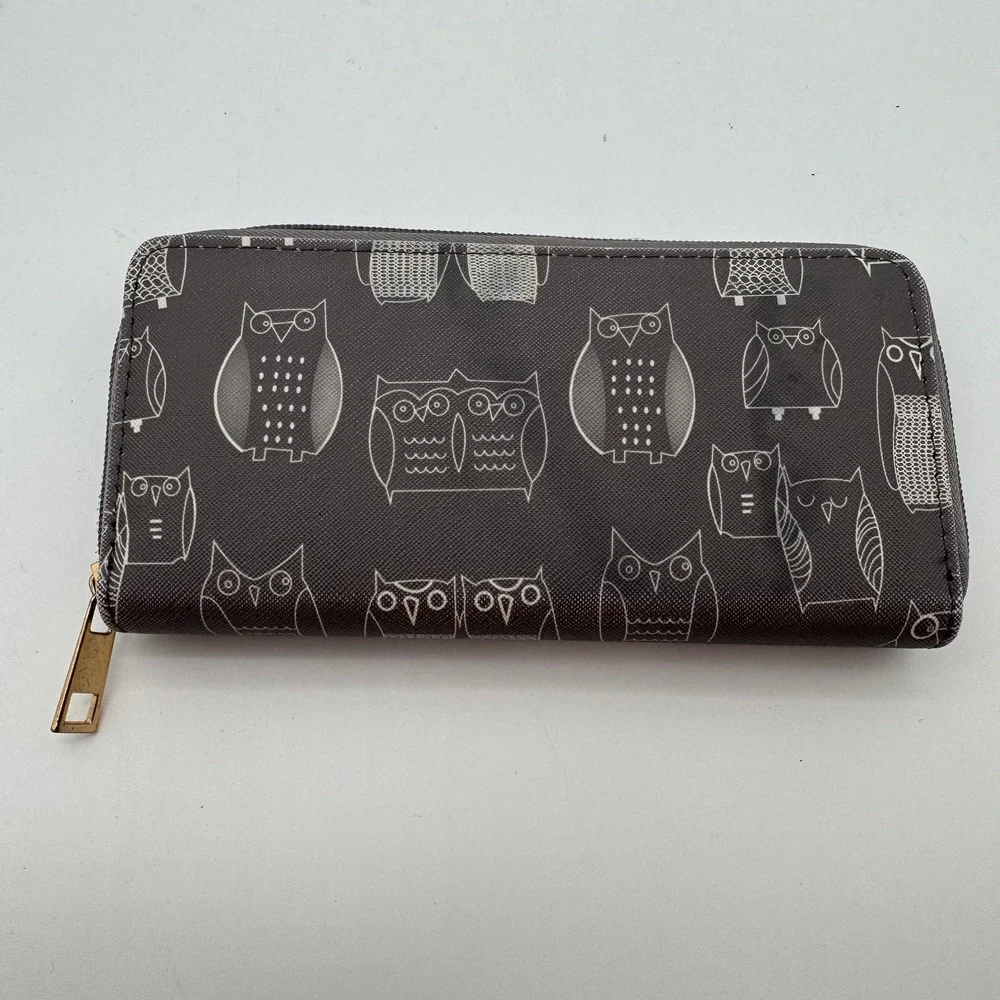 Owl Print Zip Around Wallet Clutch Organizer‎ Brown Gray Women's